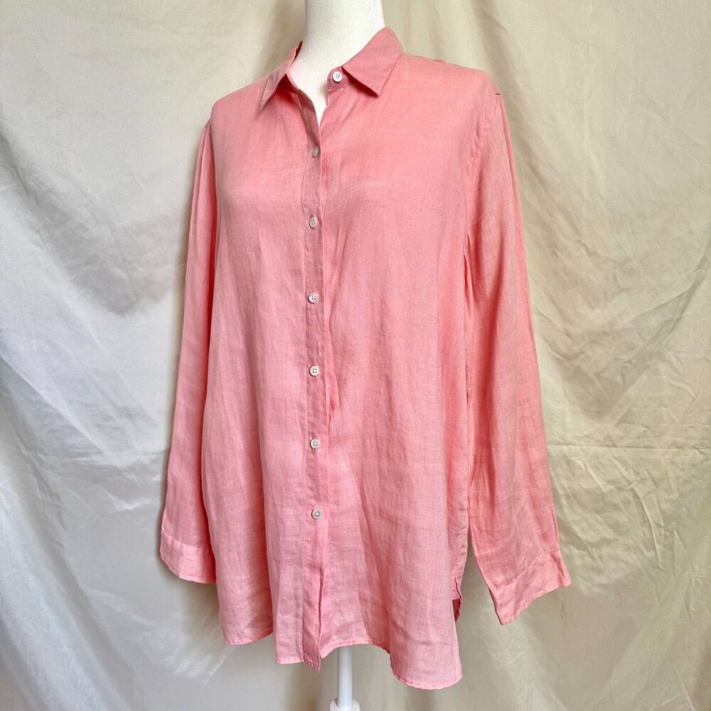 J Jill 100% linen button front shirt womens M Tall pink long sleeve summer
